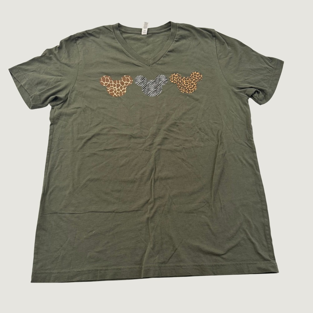 Bella Canvas Mickey Mouse Animal Print V Neck T Shirt XL Olive Green Cotton